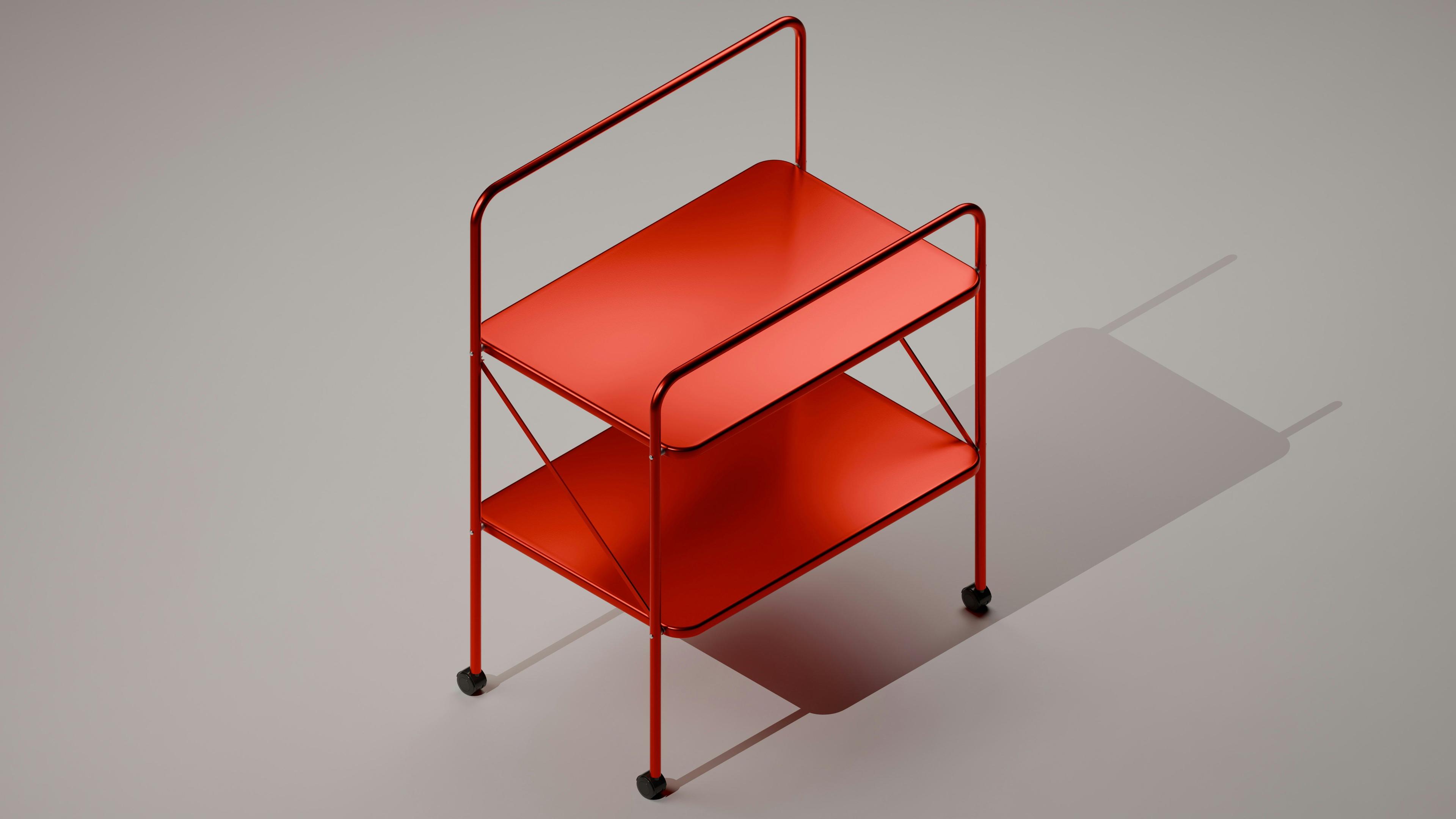 Red modular service trolley with two open shelves on castors